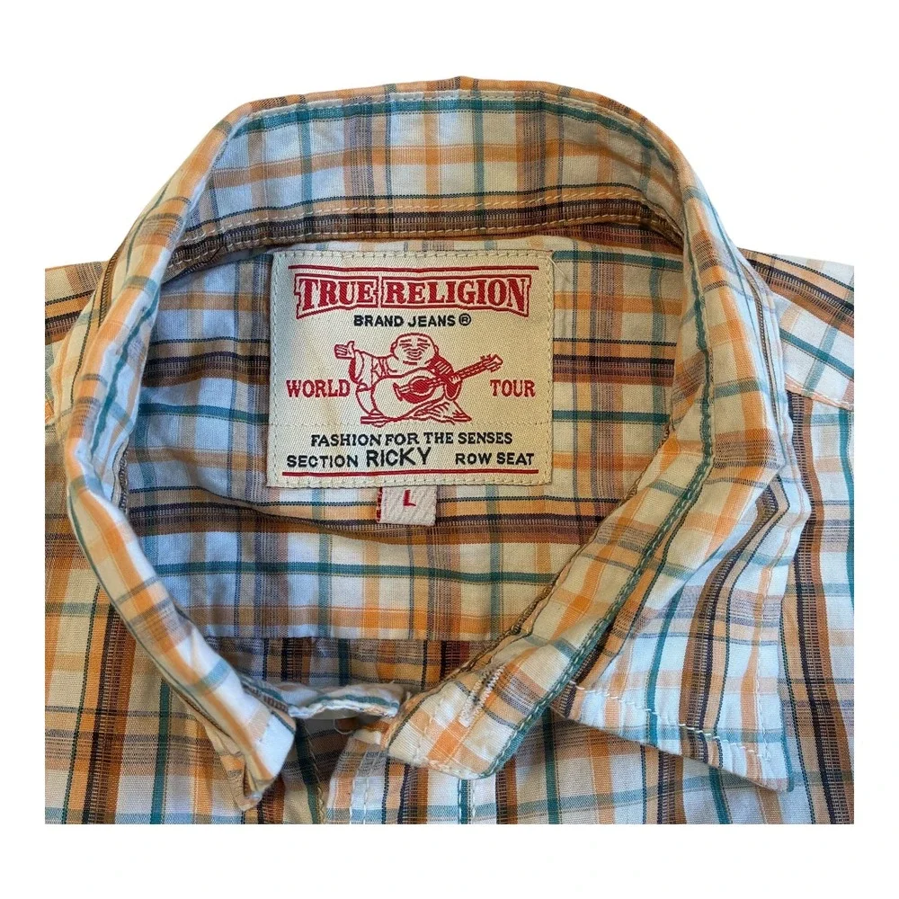 True Religion World Tour Plaid Shirt Men's L Section Ricky Row Seat Button‎ Up